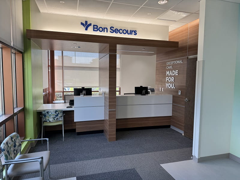 interior view of registration desk at Bon Secours Urgent Care, Virginia Beach Town Center