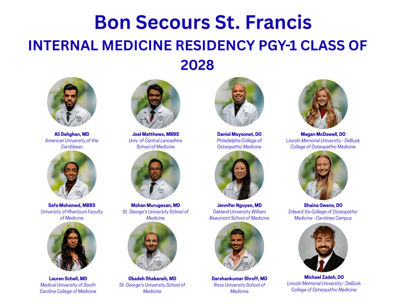 Image of 12 medical residents at St. Francis hospital. 5 women, 7 men, various backgrounds.
